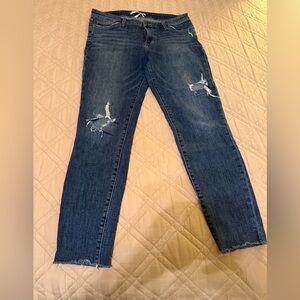 Sam Edelman Dark Blue Distressed Straight-Leg Jeans; Mid-rise raw ankle